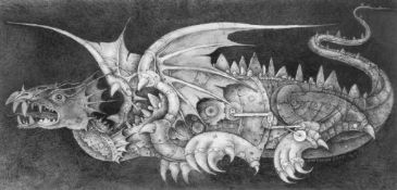 Anderson (Wayne) - Prototype Dragon, a large pecil drawing of a partly mechanical dragon in flight,