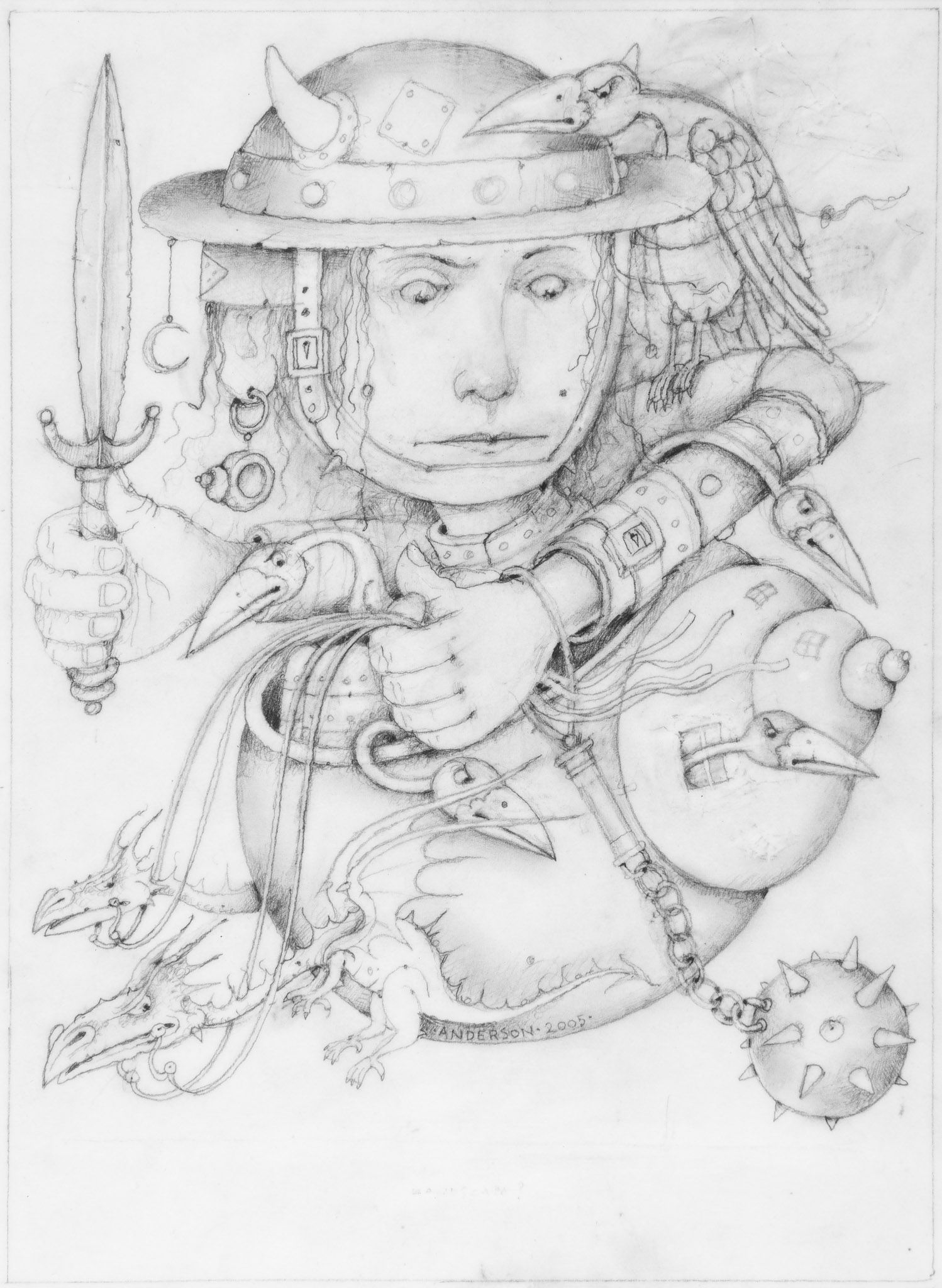 Anderson (Wayne) - Female Warrior, preliminary pencil drawing depicting an armed woman in spherical