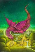 Anderson (Wayne) - The Purple Dragon, a crayon and watercolour drawing depicting a dragon flying