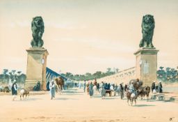 Weeks (Edwin Lord) - The Kobri el Gezira Bridge, Cairo,  watercolour heightend with body white, 200