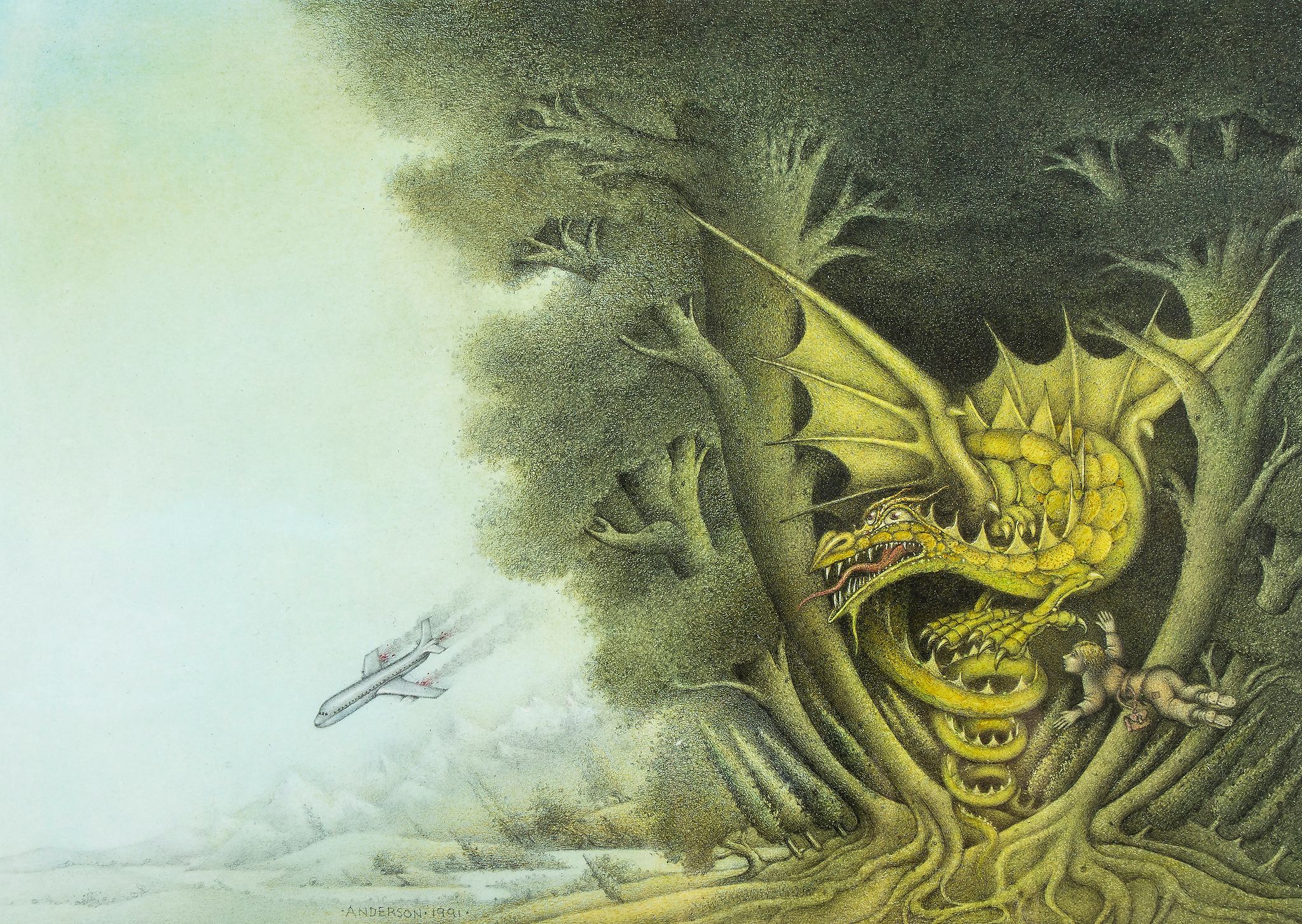 Anderson (Wayne) - Jet Smoke and Dragon Fire, a crayon and watercolour drawing depicting a dragon