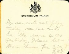 ANS A 9.4 x 12cm note on black bordered Buckingham Palace headed card with... ANS A 9.4 x 12cm