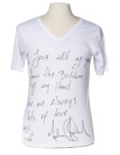 MEM A white cotton T-shirt signed in bold black ink MEM A white cotton T-shirt signed in bold