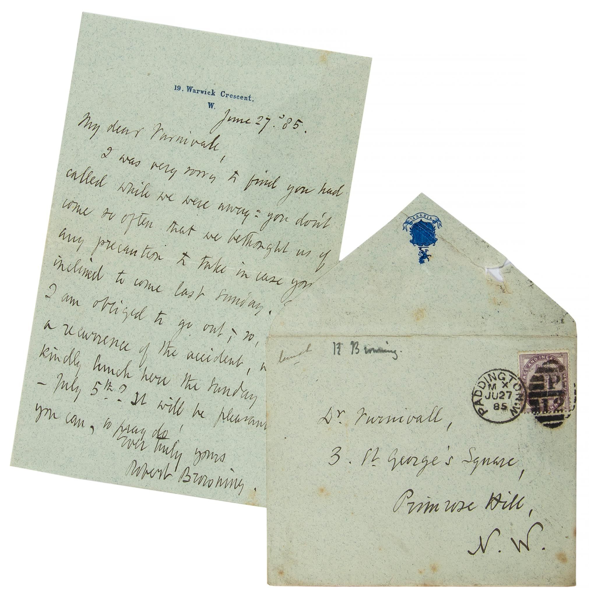 ALS A 17.5 x 11.5 cm letter from the poet Robert Browning to [Frederick... ALS A 17.5 x 11.5 cm