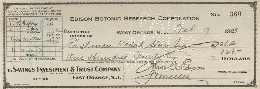 CHQ A b usiness cheque, filled out in another hand and signed by Thomas Edison CHQ A b usiness