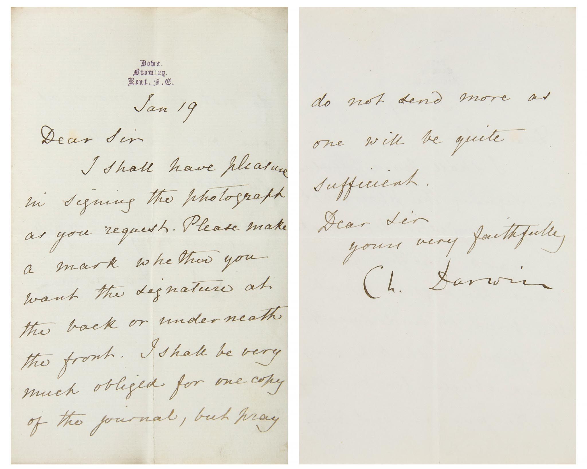 ALS A 18.1 x 11.2 cm letter from Charles Darwin ALS A 18.1 x 11.2 cm letter from Charles Darwin.