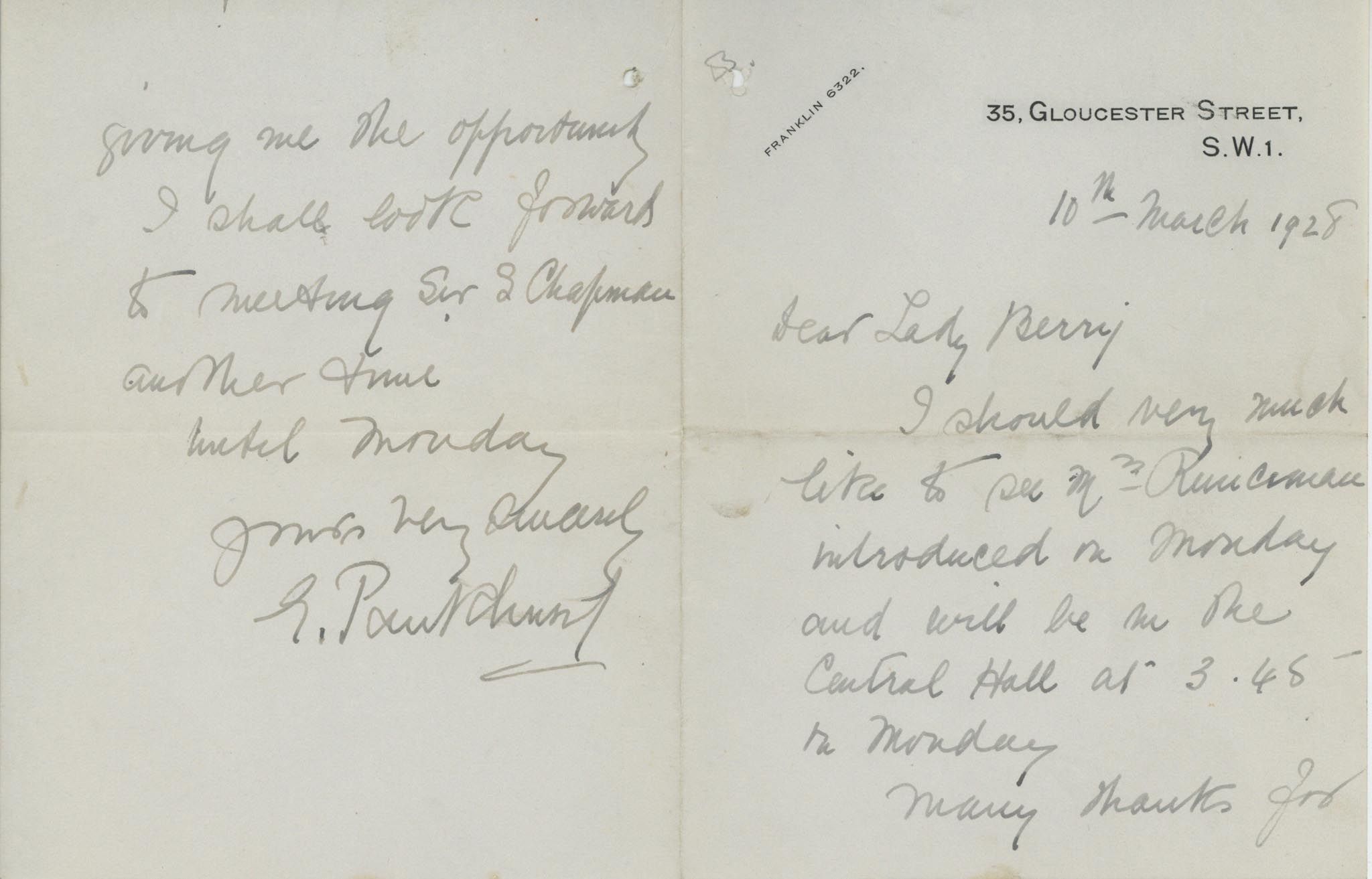 ALS A 16 x 12.7cm letter from Emmeline Pankhurst on headed "35 ALS A 16 x 12.7cm letter from