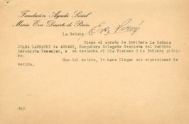 NS A 13.9 x 21cm typed note, in Spanish, on headed NS A 13.9 x 21cm typed note, in Spanish, on