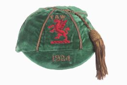 MEM A green velvet International cap for the 1924 season which followed Wales MEM A green velvet