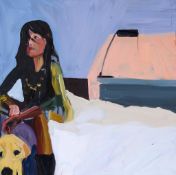 Chantal Joffe (b. 1969) - Woman Sitting on the Edge of a Bed with a Yellow Labrador, 2003 acrylic on