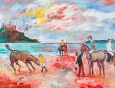 Simeon Stafford (b.1956) - Exercising the horses, St. Michel`s Mount acrylics on canvas, signed `