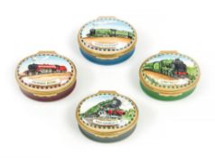 Halcyon Days. - Four miniature Railway enamels,  on copper oval boxes with hinged lid bearing enamel