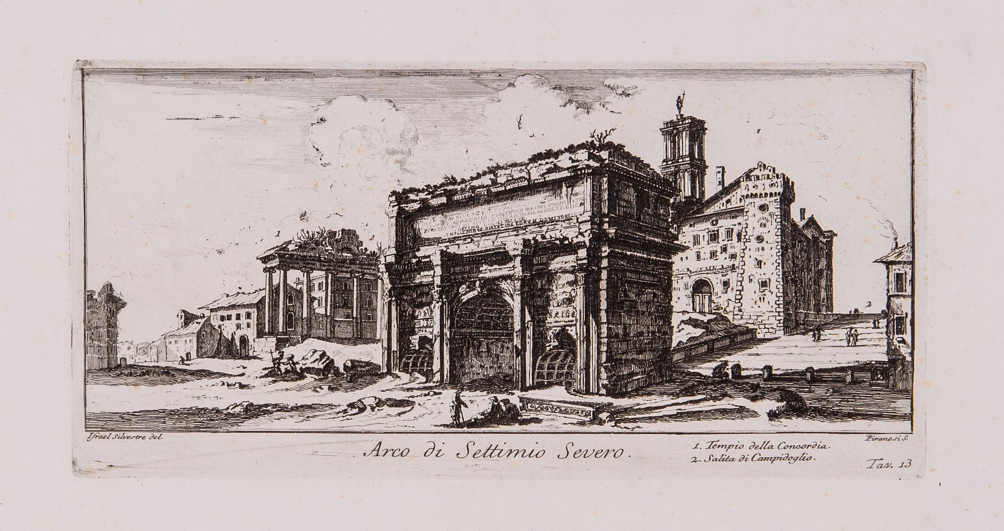 A mixed group of prints, including Piranesi`s etching of Arco di Settimio Severo, after Israel