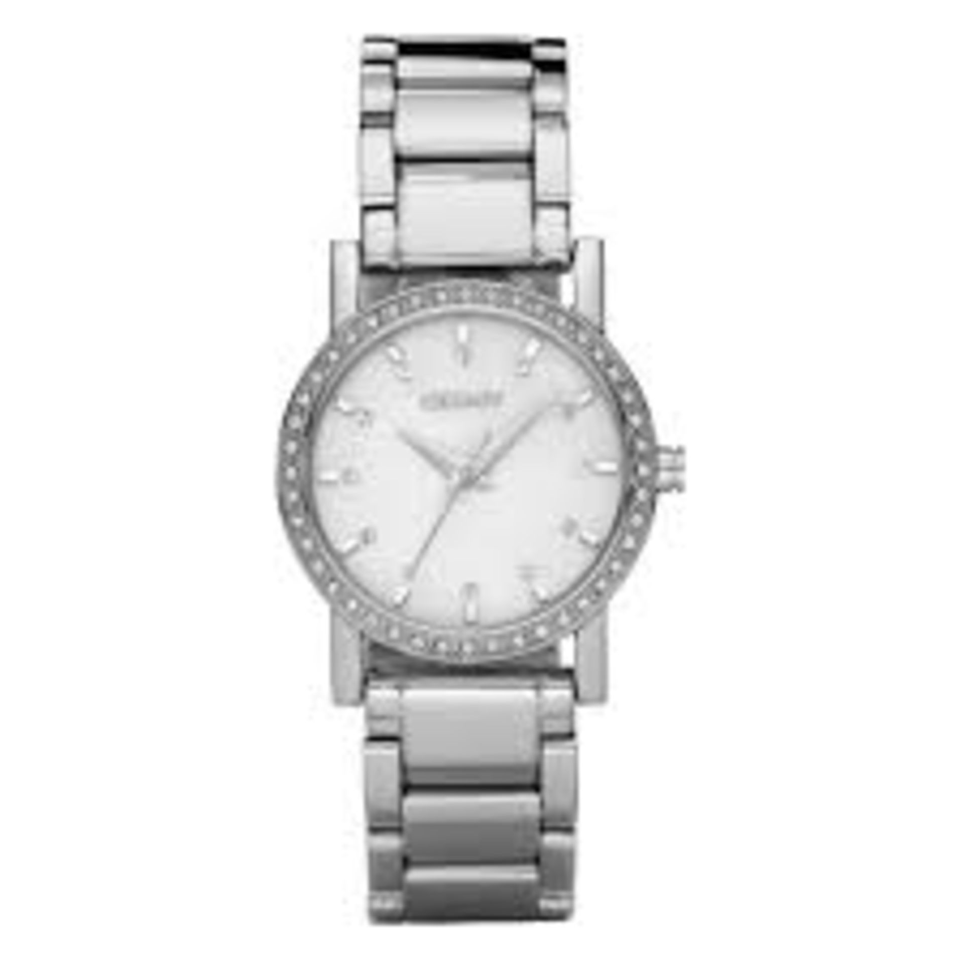 Ladies DKNy watch, model number NY4791. Stainless steel with round face and mother of pearl dial.