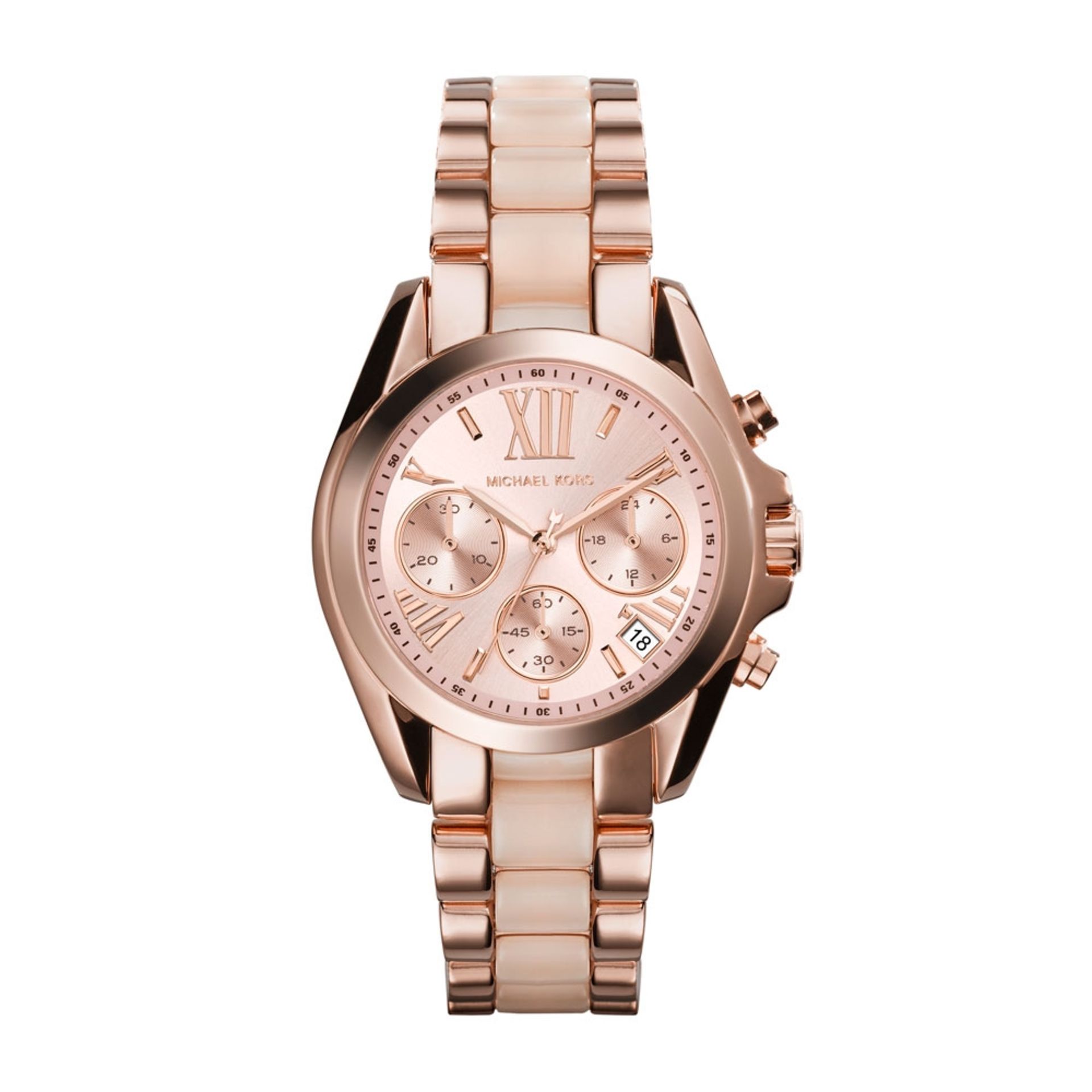 Ladies Michael Kors watch, model number MK6066, stainless steel with rose gold plating. Round face