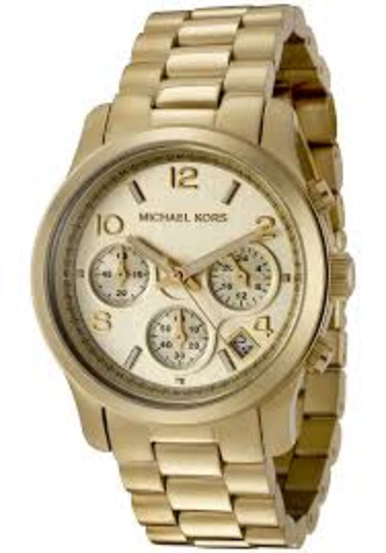 Stylish Michael Kors ladies watch, model number MK5055, stainless steel with yellow gold plating.