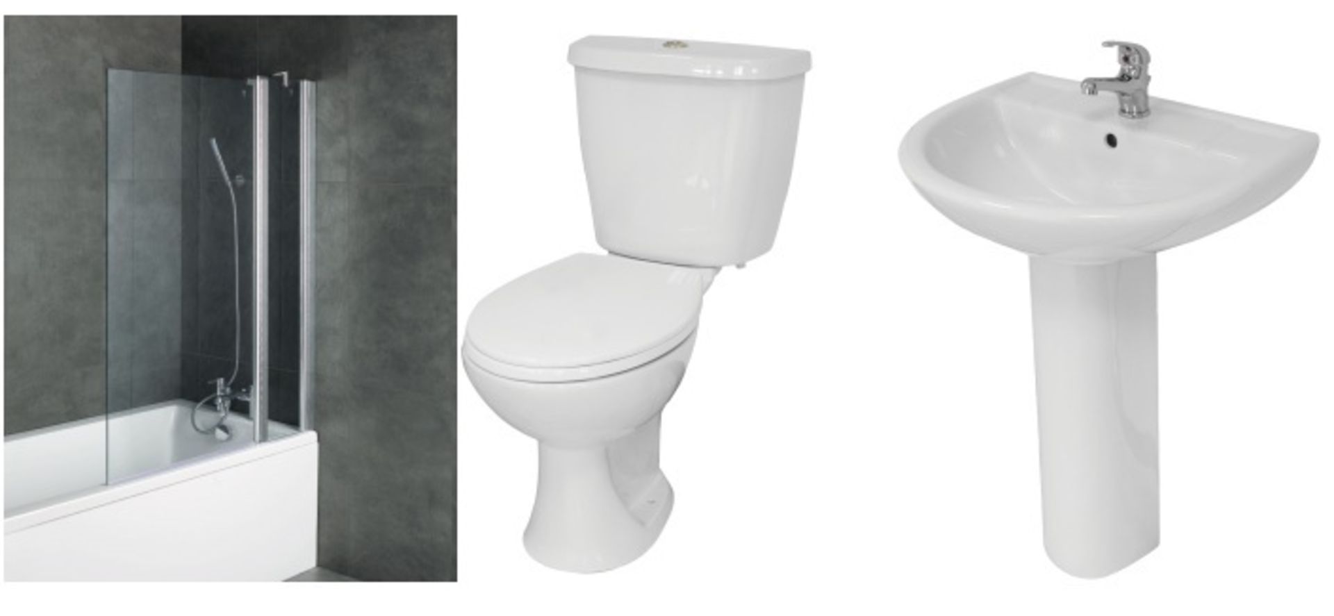 Standard 1700 bath, basin and pedestal, close coupled loo pan, cistern, internal syphon, push button