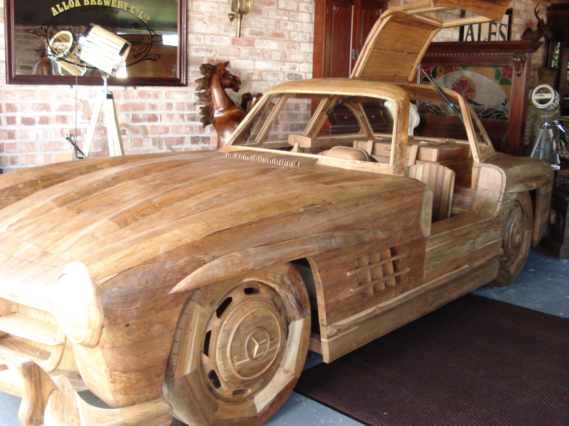 LIFESIZE HANDMADE EXCEPTIONAL SOLID TEAK UNIQUE MERCEDES BENZ GULLWING  Appraisal:  Serial No: - Image 3 of 8