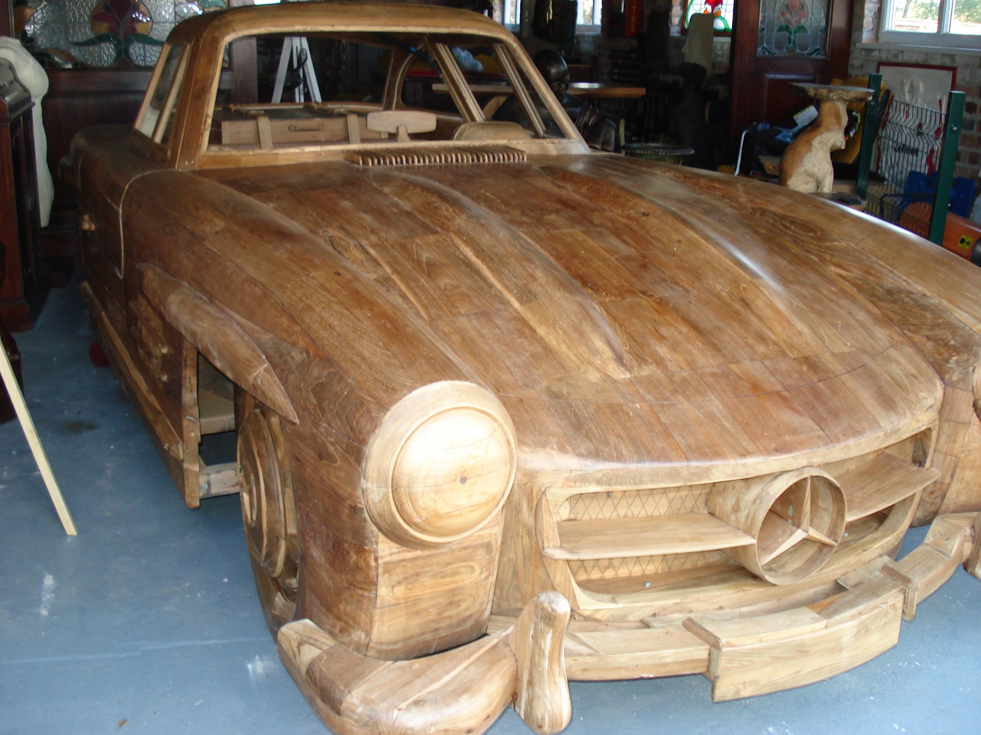 LIFESIZE HANDMADE EXCEPTIONAL SOLID TEAK UNIQUE MERCEDES BENZ GULLWING  Appraisal:  Serial No: - Image 5 of 8