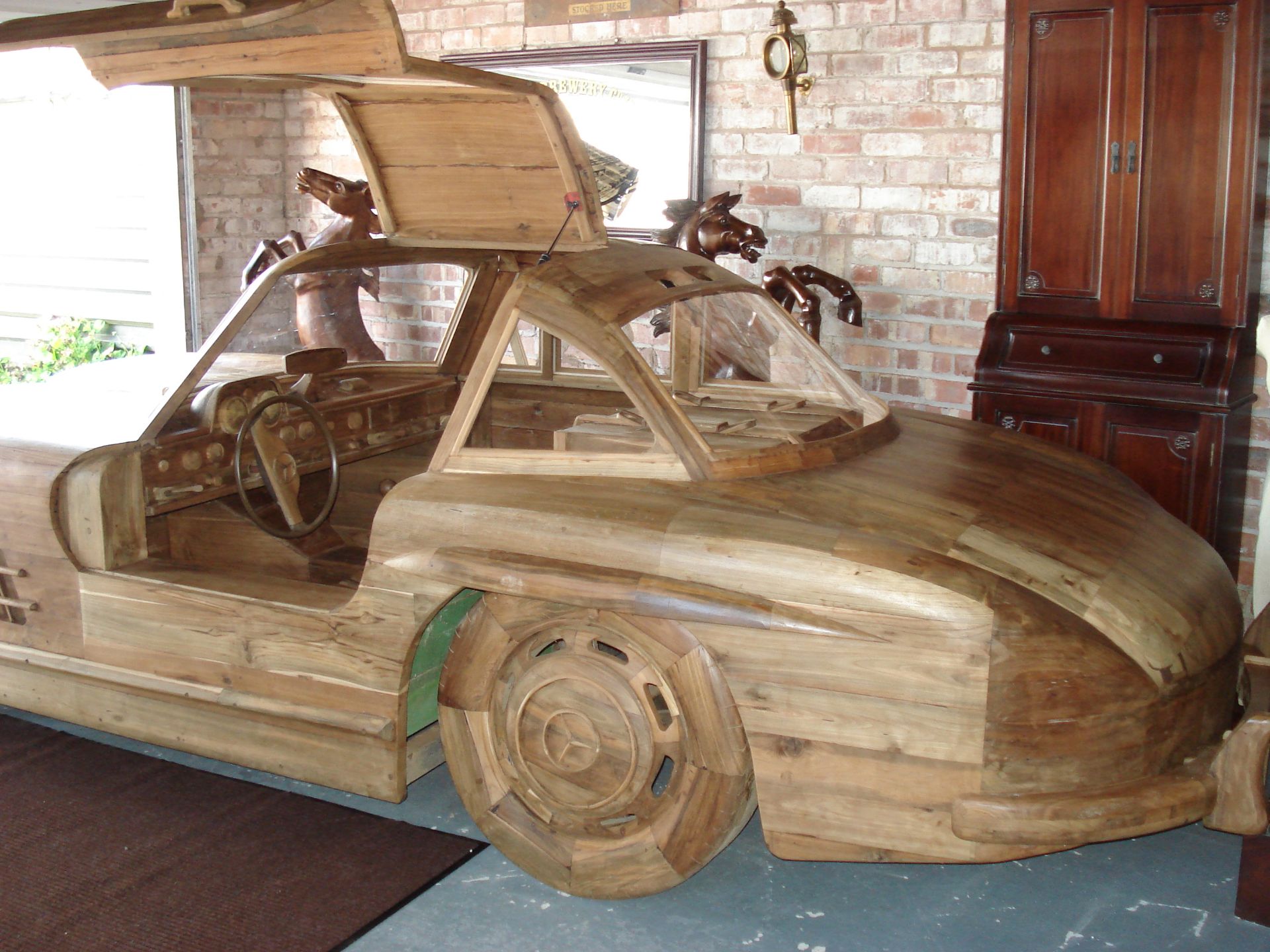 LIFESIZE HANDMADE EXCEPTIONAL SOLID TEAK UNIQUE MERCEDES BENZ GULLWING  Appraisal:  Serial No: - Image 8 of 8
