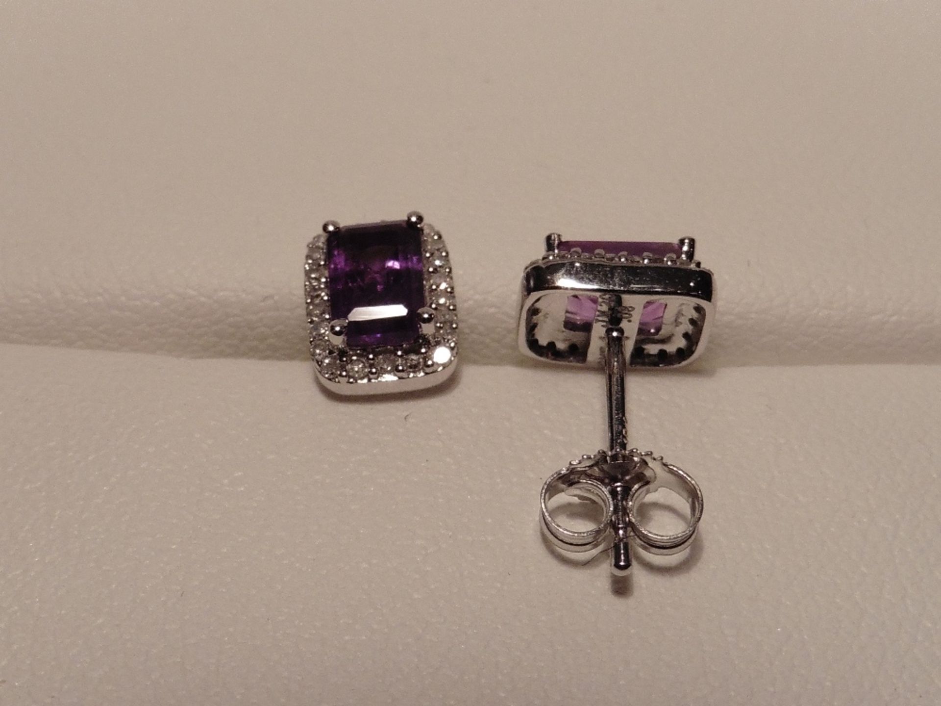 9ct white gold amethyst and diamond earrings each set with a single emerald cut amethyst and surroun - Image 2 of 2