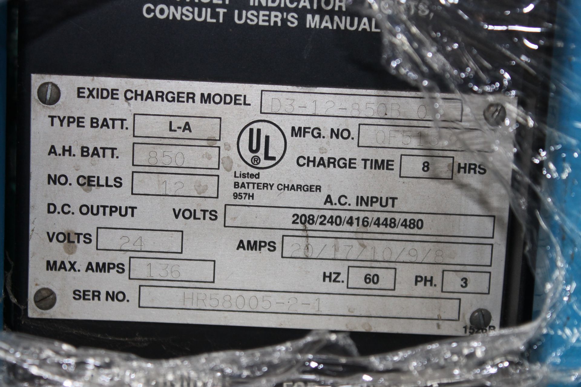 EXIDE 24 VOLTS BATTERY CHARGER, MODEL: D3-12-850B 03, VOLTS: 208/240/416/448/480, AMPS: 20/17/10/9/ - Image 4 of 4