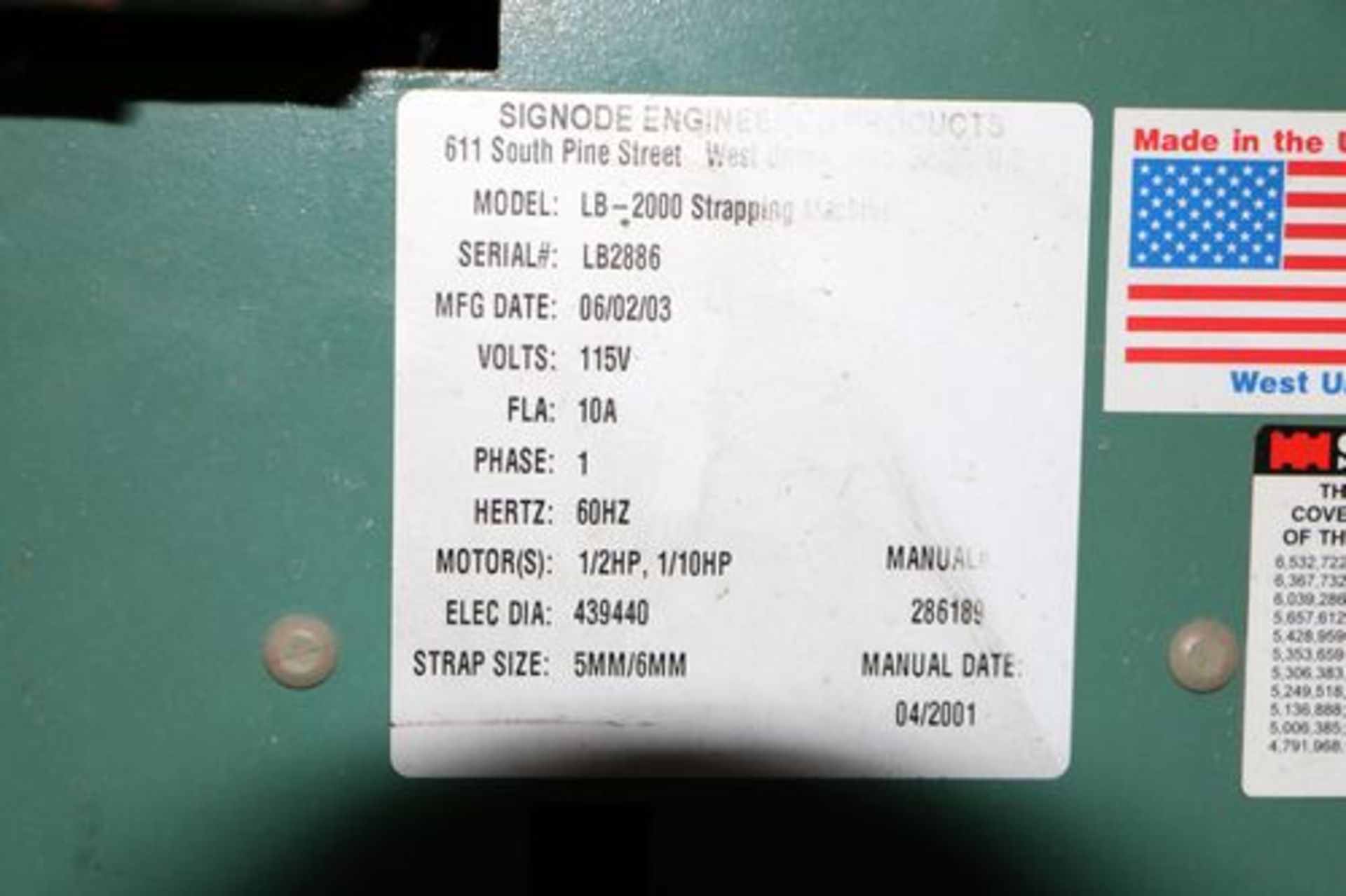 One Signode LB-2000 Semiautomatic Strapping Machines, Mfg Date 06/02/03, Single Phase, 5MM/6MM Strap - Image 2 of 2