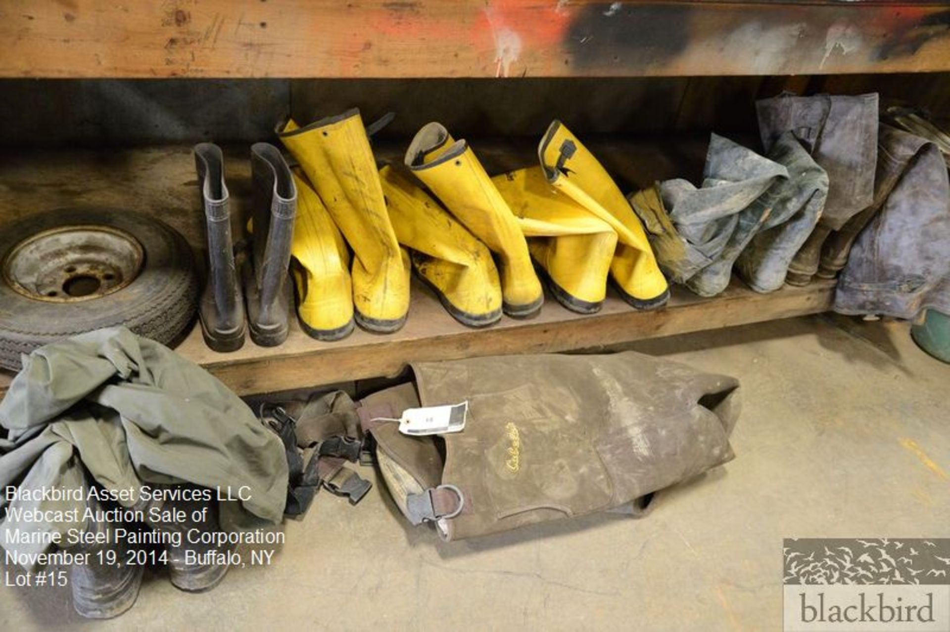 Lot- (9) Misc. rubber boots and Cabella hip waders
