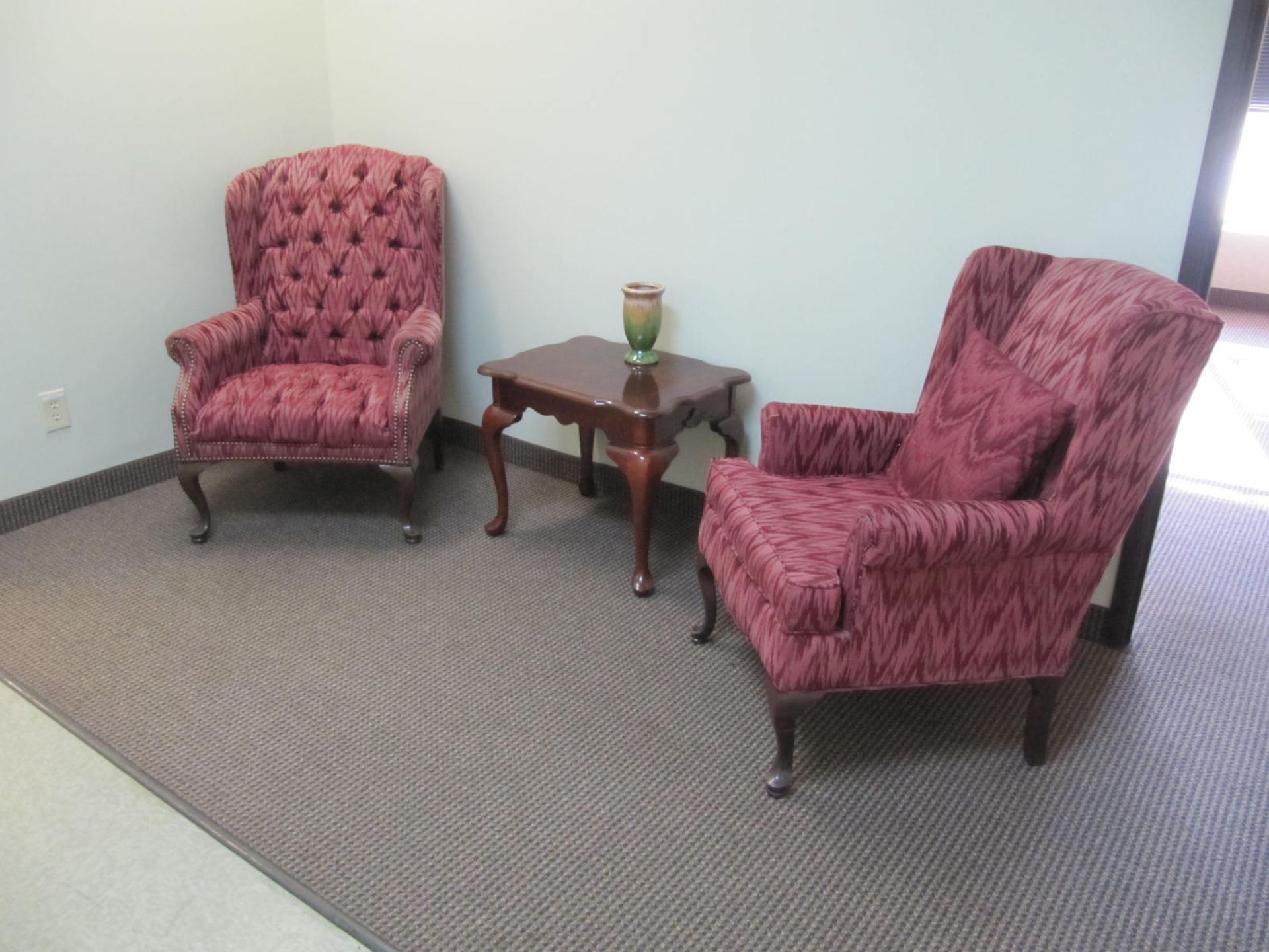 [Lot] Office furniture, (2) overstuffed arm chairs, occasional table