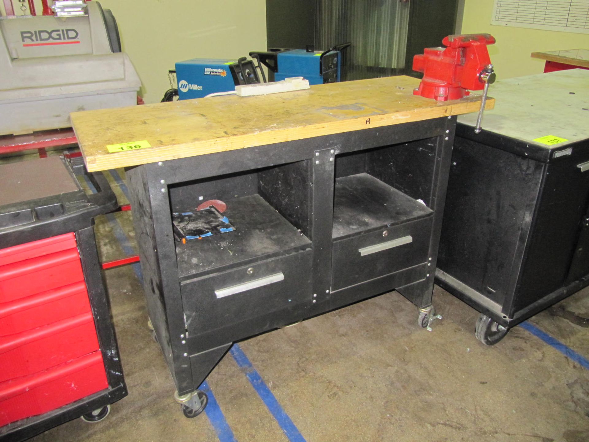 Rolling work bench, wood top, 54" x 20" x 39" tall, 2 drawers and Wilton 6 1/2" vise