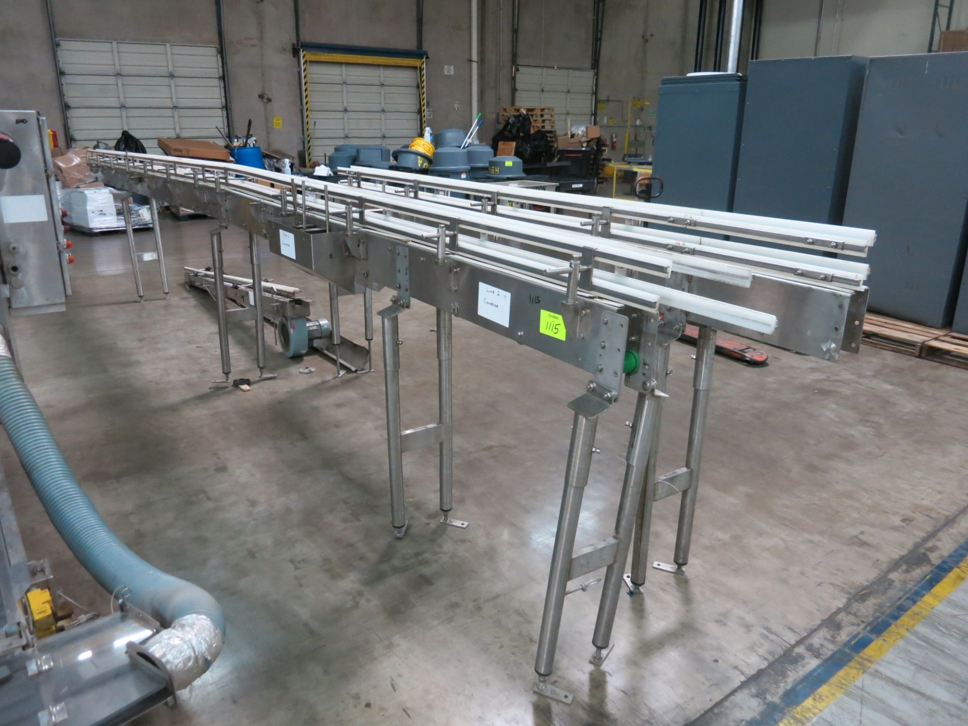 [Lot] (3) Stainless bottle conveyors, assorted sizes, 46' total length, no belting