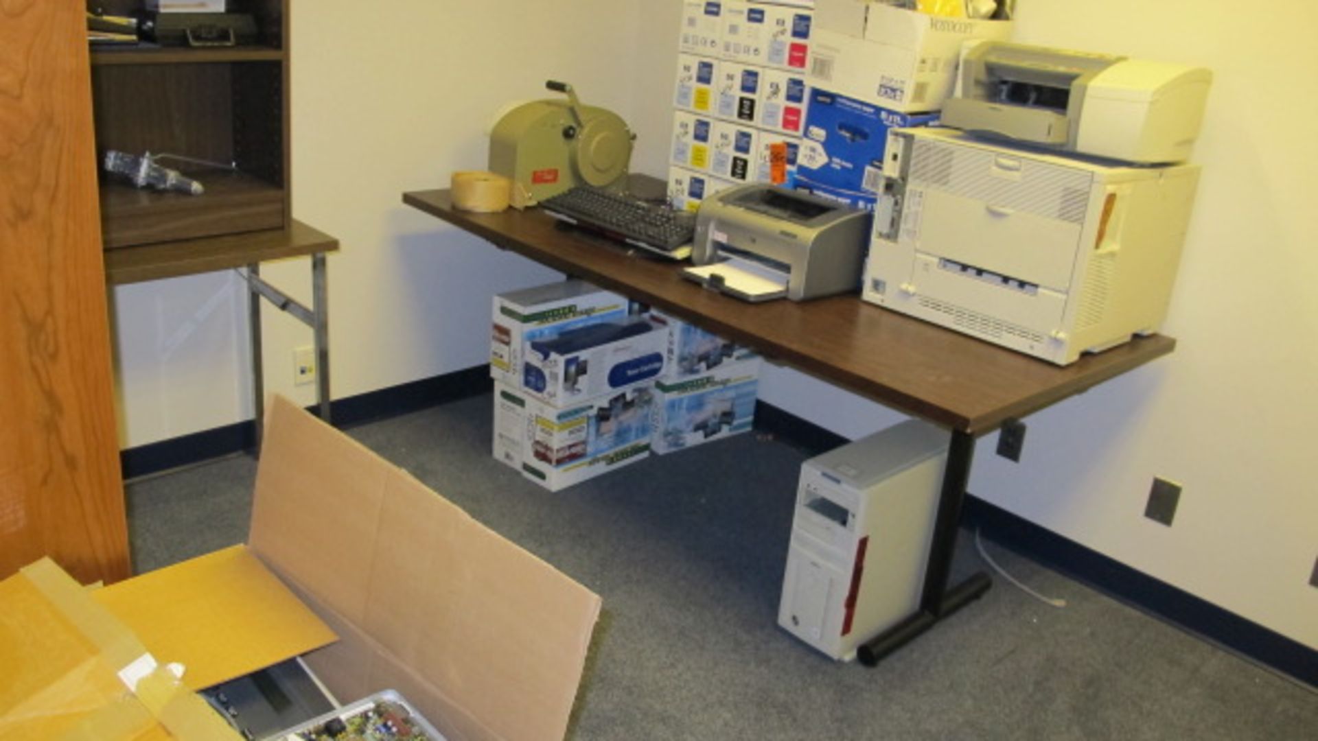 CONTENTS OF ROOM; (2) TABLES; BOOKSHELF; ASSORTED TONERS; ASSORTED COPY/PRINTERS; ASSORTED