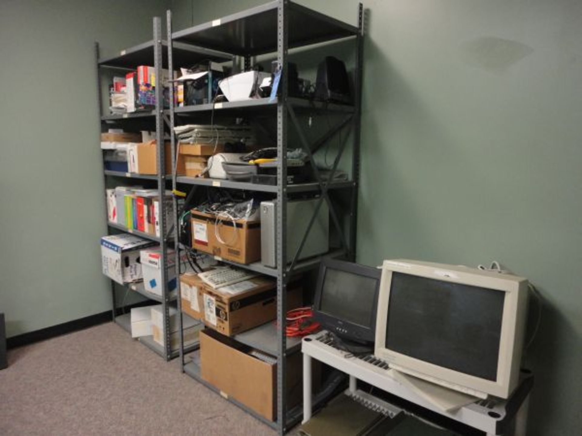 STEEL RACKS WITH CONTENTS INCLUDING COMPUTER PERIPHERALS, SOFTWARE AND WIRE