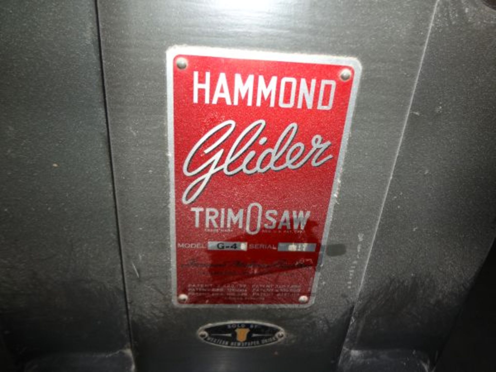 6" HAMMOND MODEL G-4 GLIDER TRIMOSAW TABLE SAW; S/N 5217 - Image 2 of 3