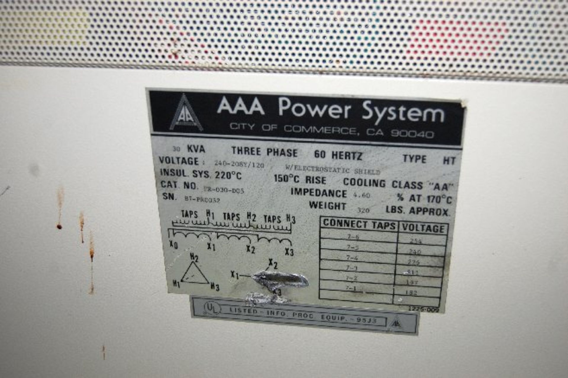 AAA POWER SYSTEMS TRANSFORMER, 30KVA, 240-208Y/120 VOLT - Image 2 of 2