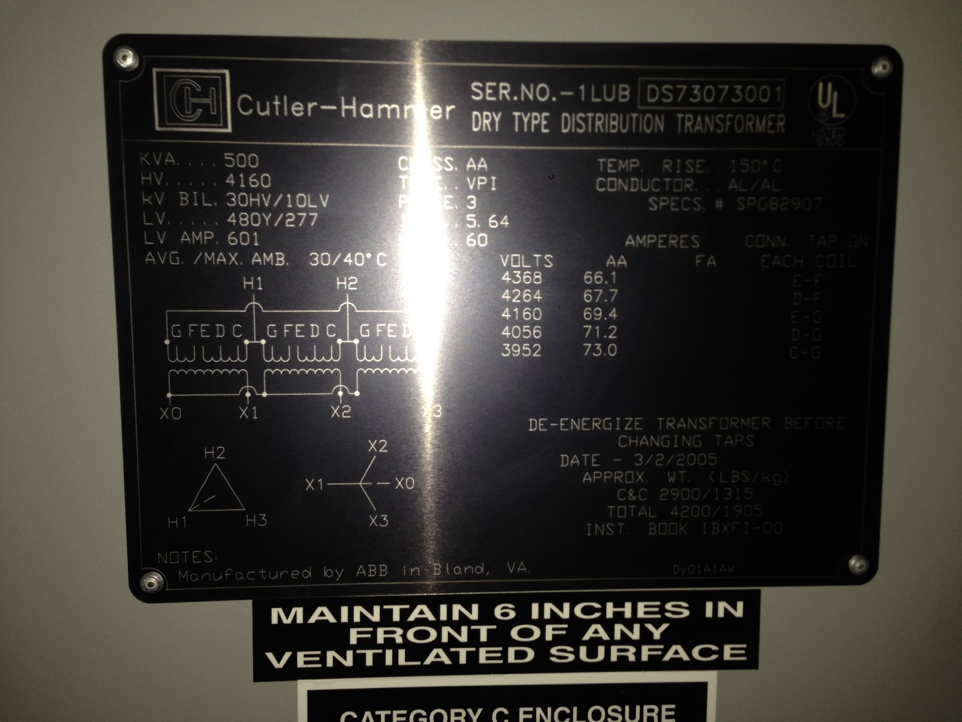 2005 Eaton Cutler-Hammer Dry Type Distribution Sub Station, 4160 Volts - 480 V, 500 KVA - Image 2 of 2