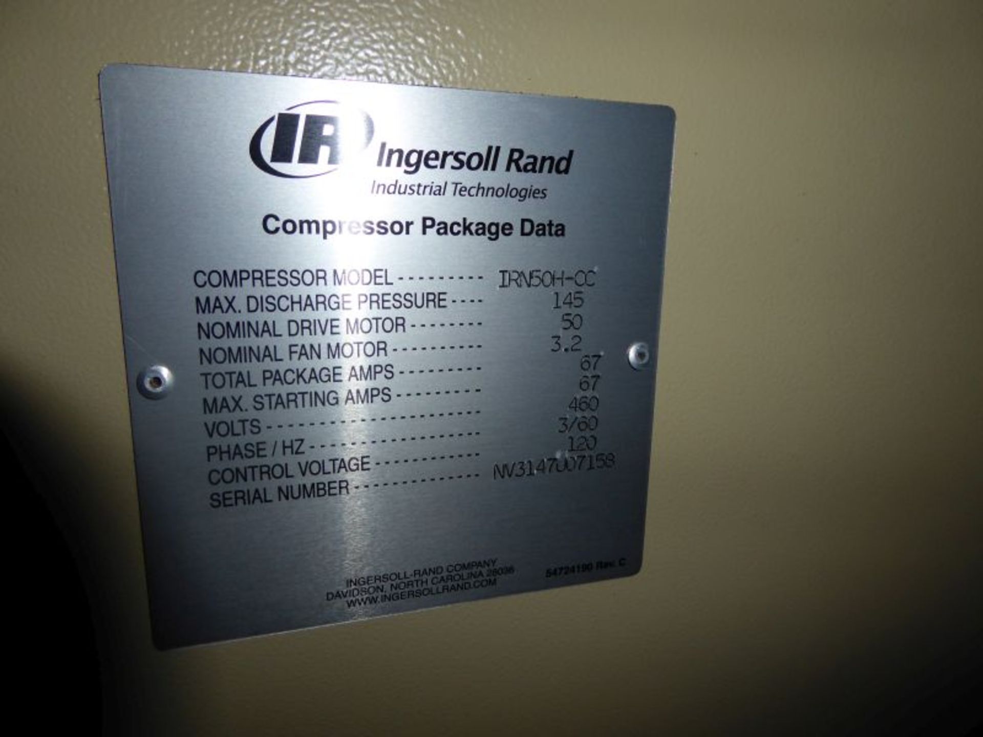 2007 Ingersoll Rand 50 HP Premium Efficiency Nirvana Series Air Compressor, Model: IRN50H-CC - Image 3 of 5