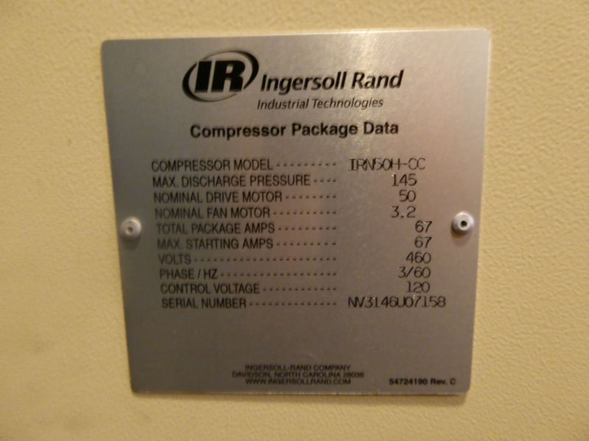 2007 Ingersoll Rand 50 HP Premium Efficiency Air Compressor, Model: IRN50H-CC, S/N: NV3146UO7158 - Image 3 of 6