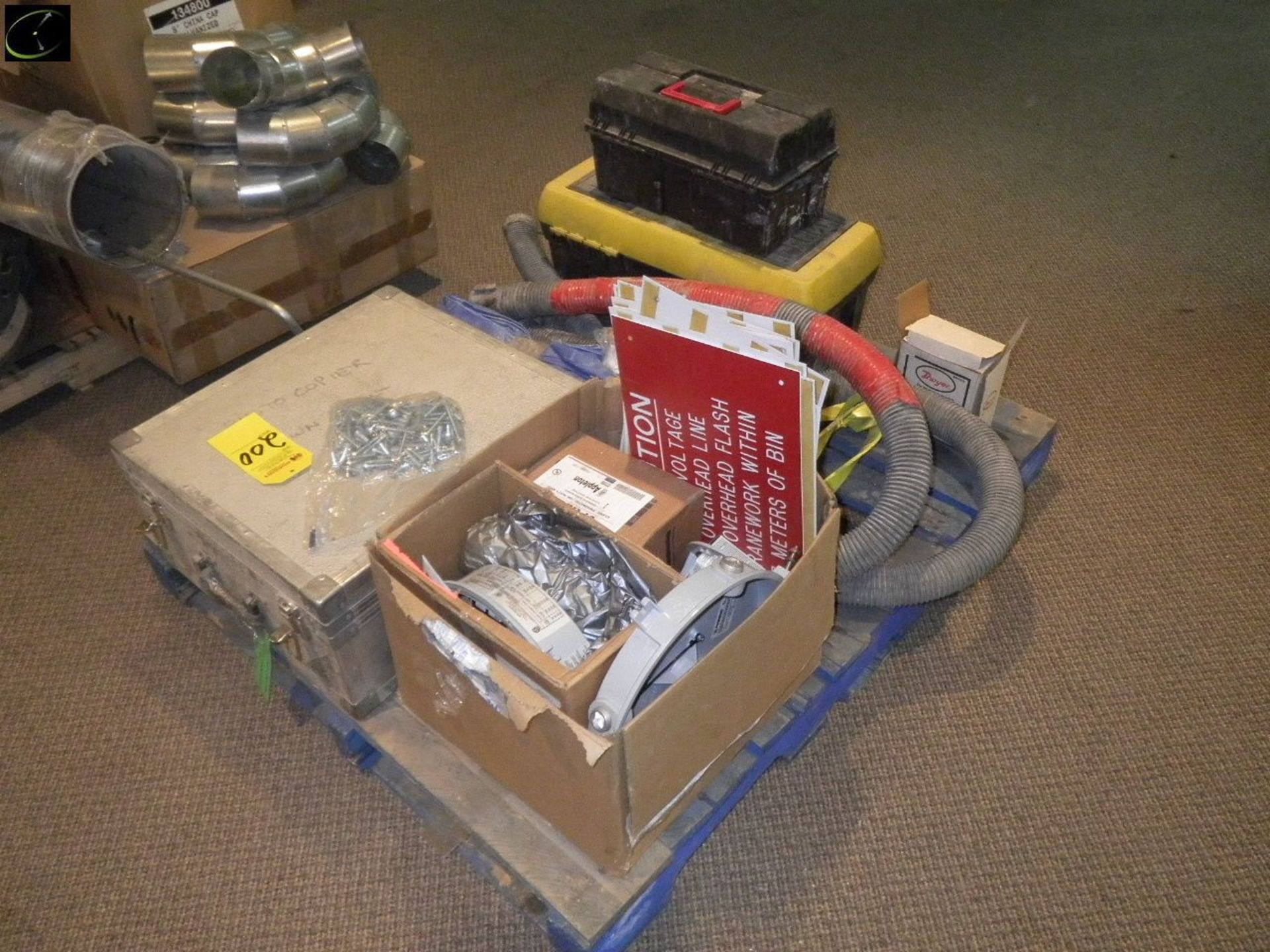 Pallet w/ Older Photocopier In Case, Blue Poly Tarp, Poly High Voltage Warning Signs, Light Fixtures - Image 2 of 5