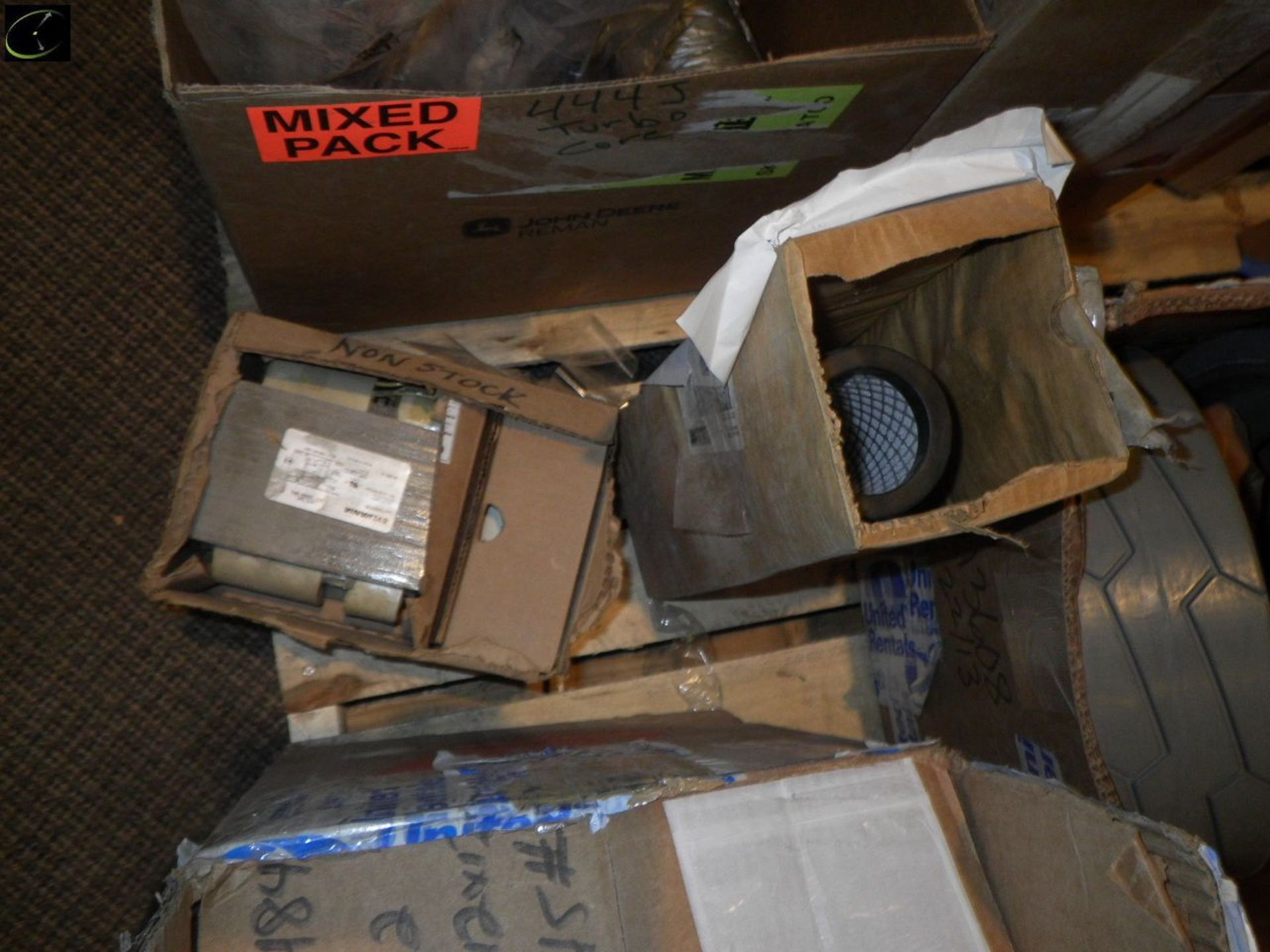 Pallet Of TWO Boxes Of TWO Solid Rubber Forklift Wheels, Used Turbo, Filters Etc. - Image 6 of 7