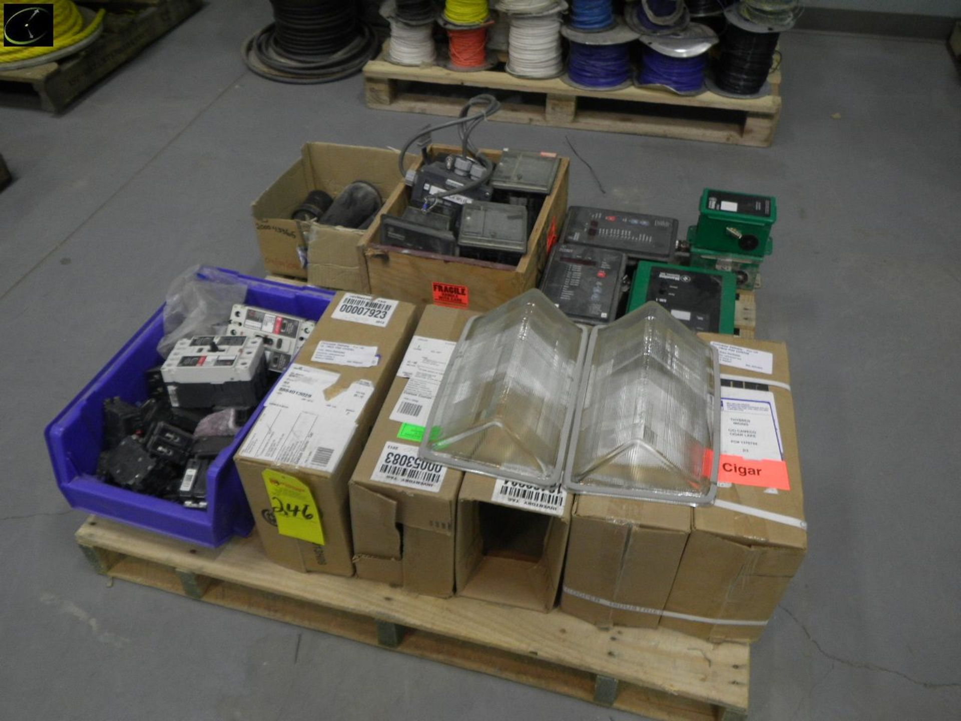 Pallet Of Misc. Wall Mount Vapour Light Lenses, Breakers & Data Sensors.