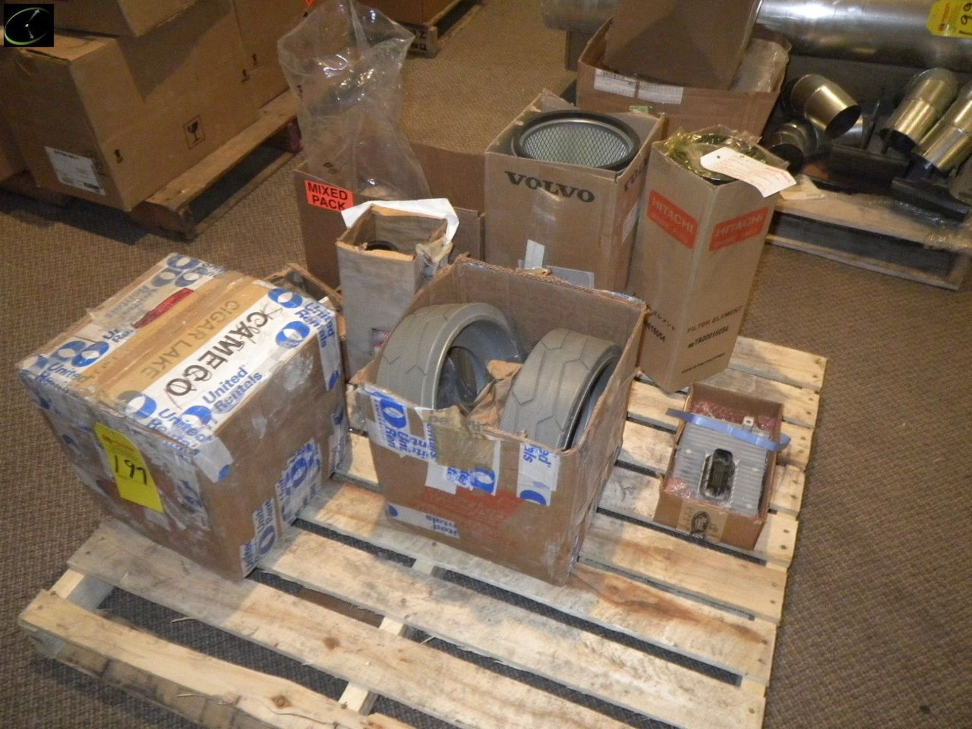 Pallet Of TWO Boxes Of TWO Solid Rubber Forklift Wheels, Used Turbo, Filters Etc.