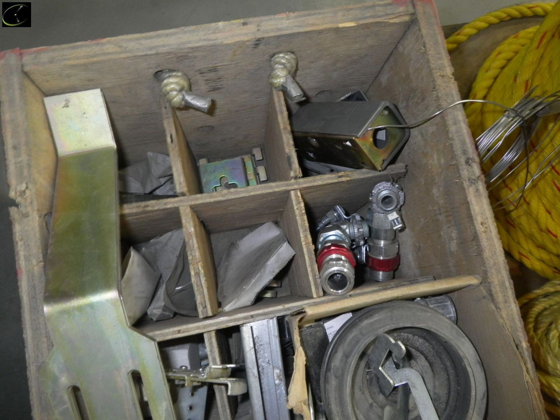 Pallet w/ Misc. Reel & Coils Of Rope, Box w/ Misc. Elec. Supplies, Mounts, Clamps, Connectors, Etc. - Image 3 of 4