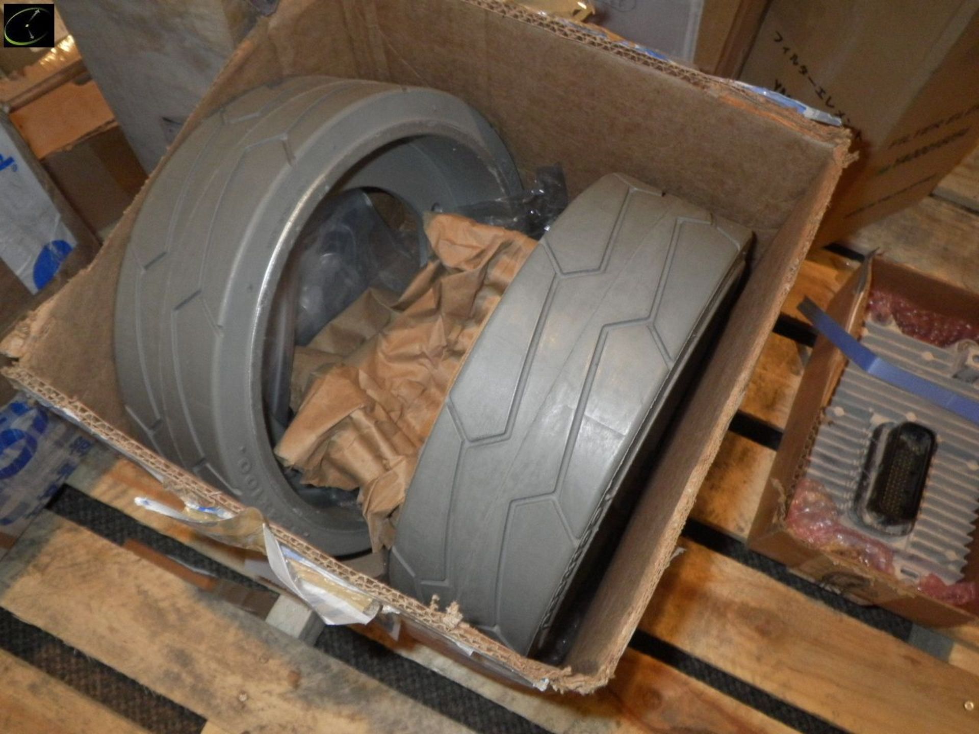 Pallet Of TWO Boxes Of TWO Solid Rubber Forklift Wheels, Used Turbo, Filters Etc. - Image 2 of 7