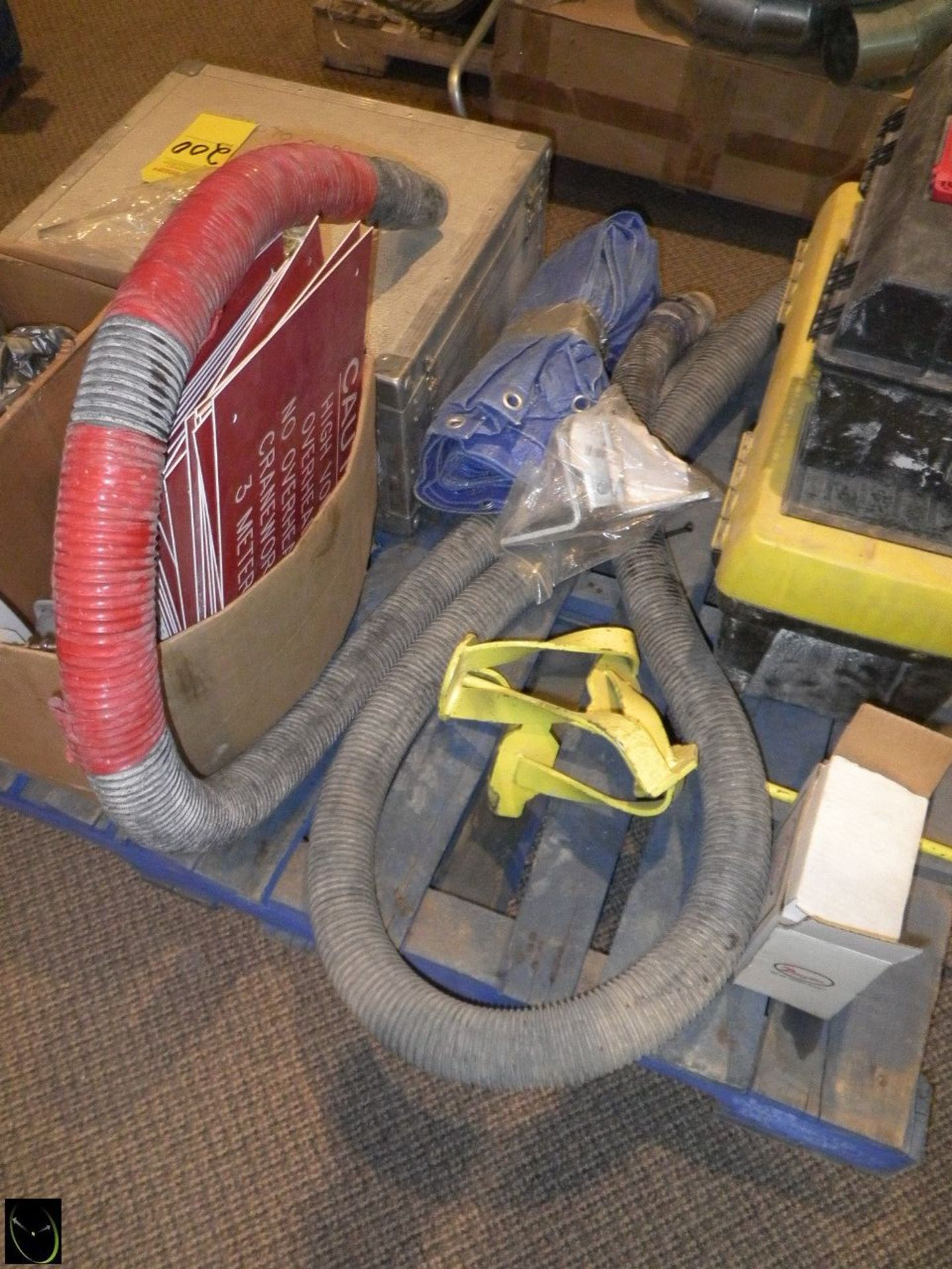 Pallet w/ Older Photocopier In Case, Blue Poly Tarp, Poly High Voltage Warning Signs, Light Fixtures - Image 4 of 5