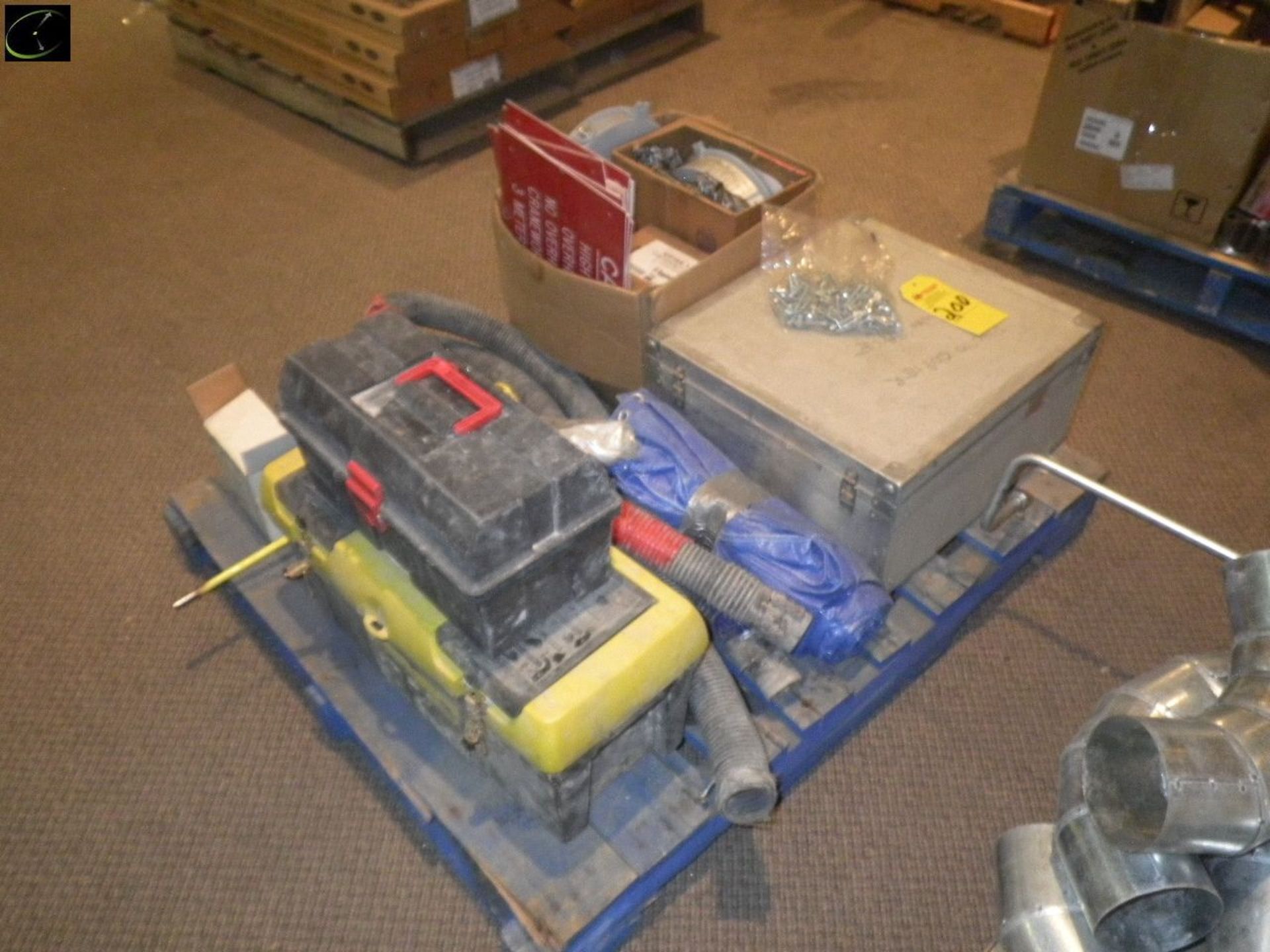 Pallet w/ Older Photocopier In Case, Blue Poly Tarp, Poly High Voltage Warning Signs, Light Fixtures