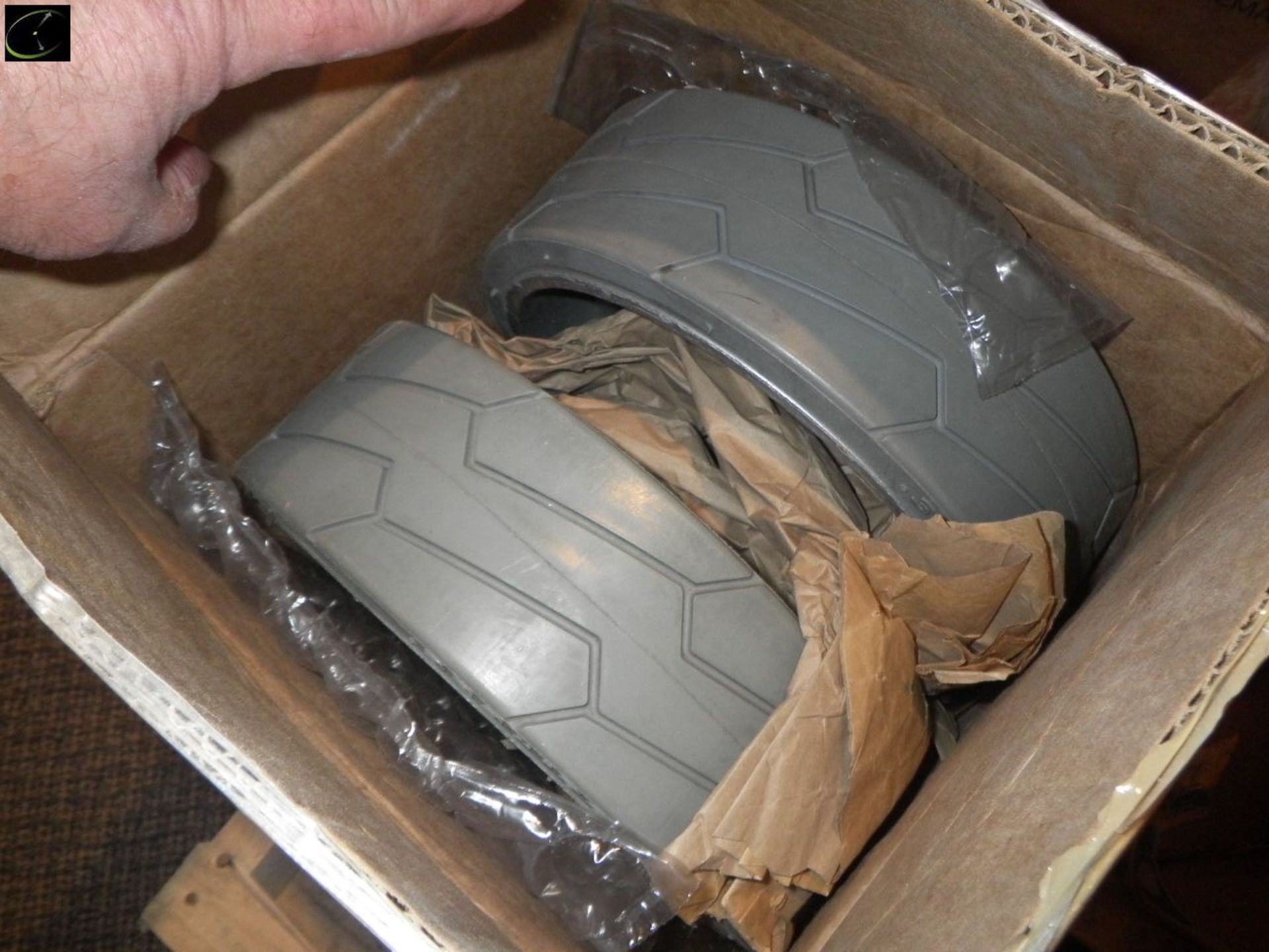 Pallet Of TWO Boxes Of TWO Solid Rubber Forklift Wheels, Used Turbo, Filters Etc. - Image 3 of 7