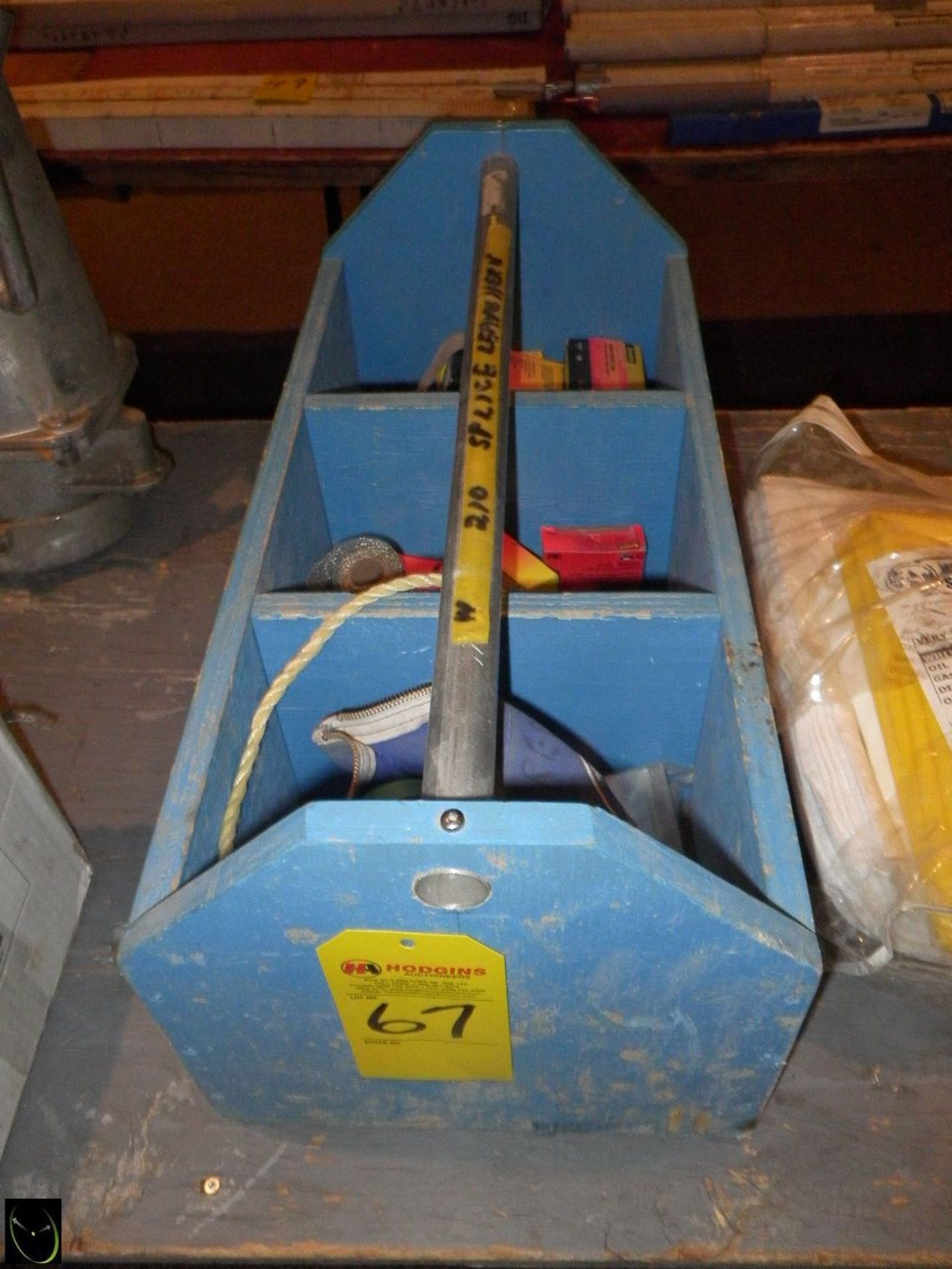 Wood Box w/ Misc. Surveyors Tape, Elec. Semi-Conducting Tape, Wire Mesh Rolls.