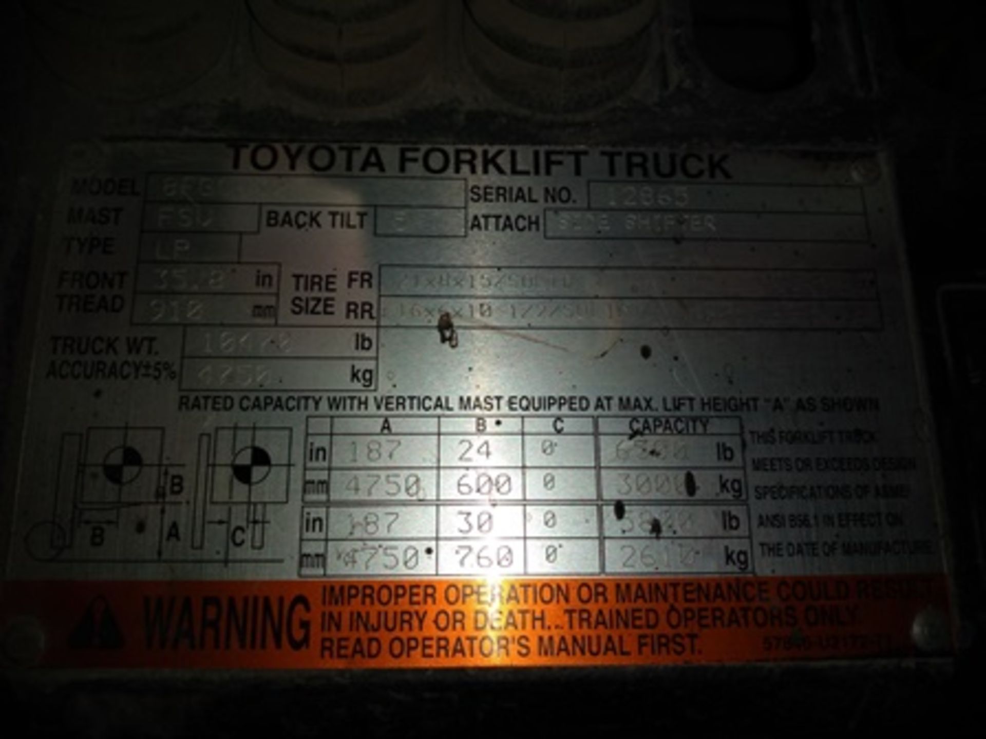 Toyota 6,613.9 lb., model 8FGCU32 forklift LPG engine, max fork height 11 ft. Serial number 8FG … - Image 13 of 25