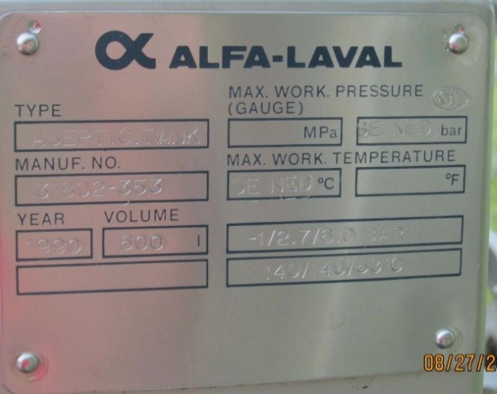 Lot 27: Alfa Laval Aseptic Tank, 600 Liter, S/N 31802-353 – Uninstalled Located in Marysville, - Image 2 of 2